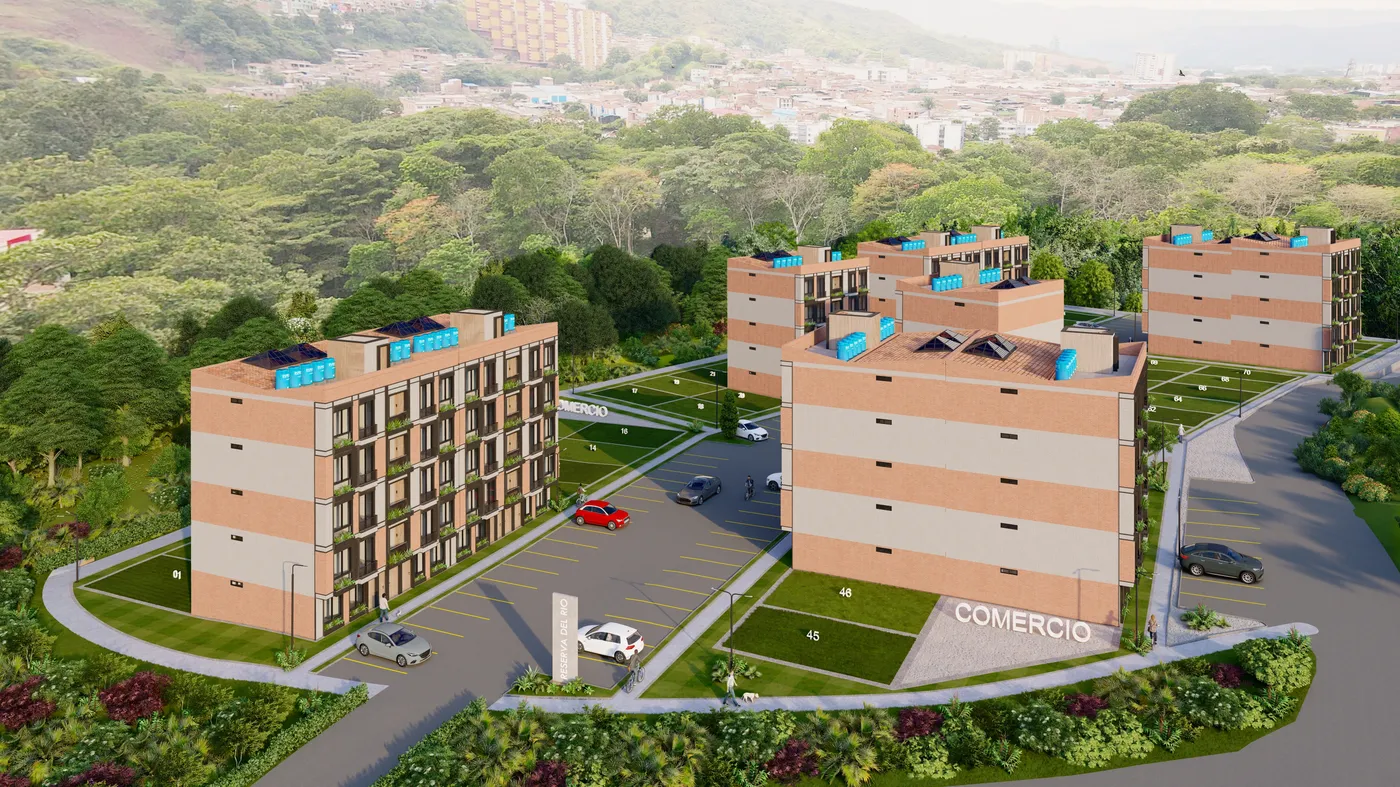 Render de edificios de apartamentos construidos sobre lotes unidos
