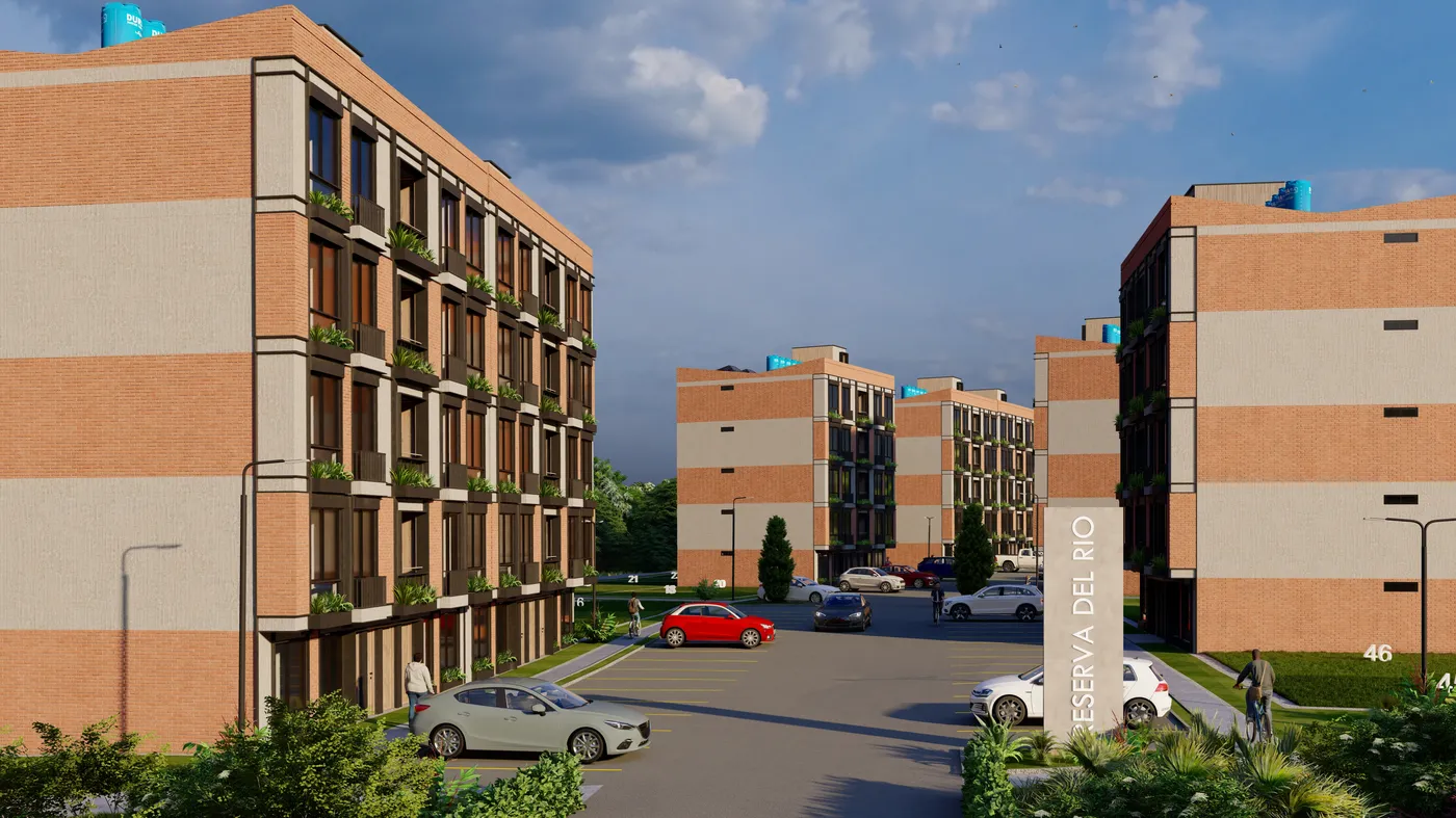 Render de la fachada de un edificio de cinco pisos en el proyecto