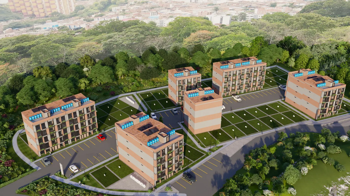 Render aéreo del conjunto ya edificado