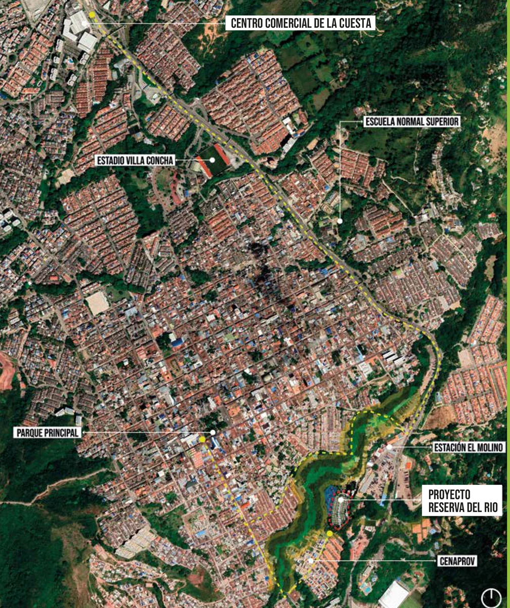 Mapa de Piedecuesta con la vía de acceso al proyecto desde el Centro Comercial De La Cuesta, el Parque Principal y la Estación El Molino