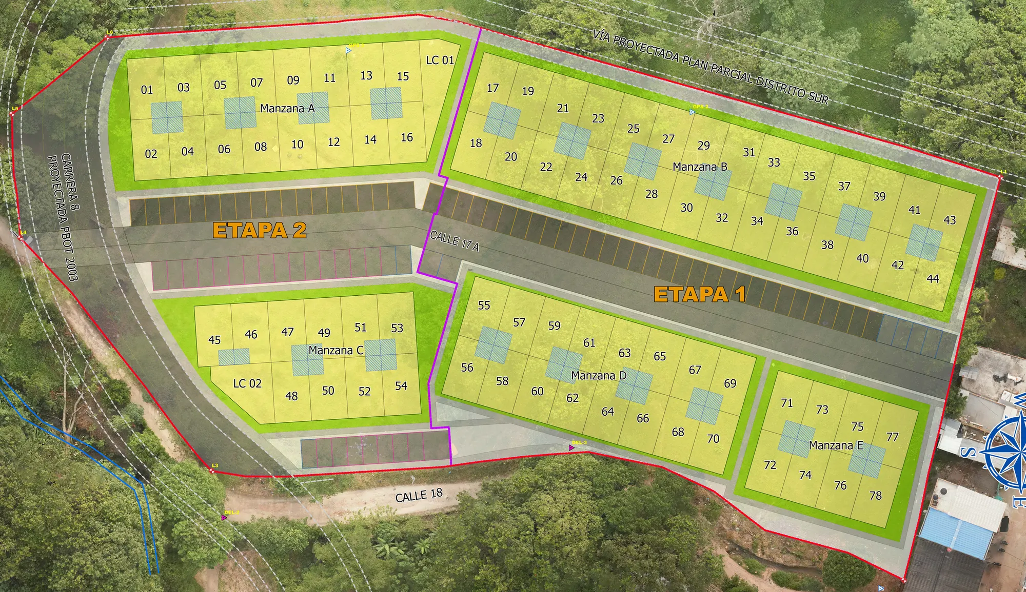 Planteamiento urbanístico general de Reserva del Río: cinco manzanas, 78 lotes residenciales y 2 locales comerciales, con las vías internas y las dos etapas