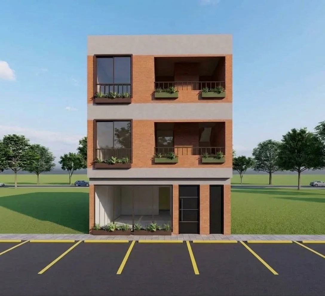 Render de una edificación de tres pisos sobre un lote de 60 m², con el local comercial en el primer piso