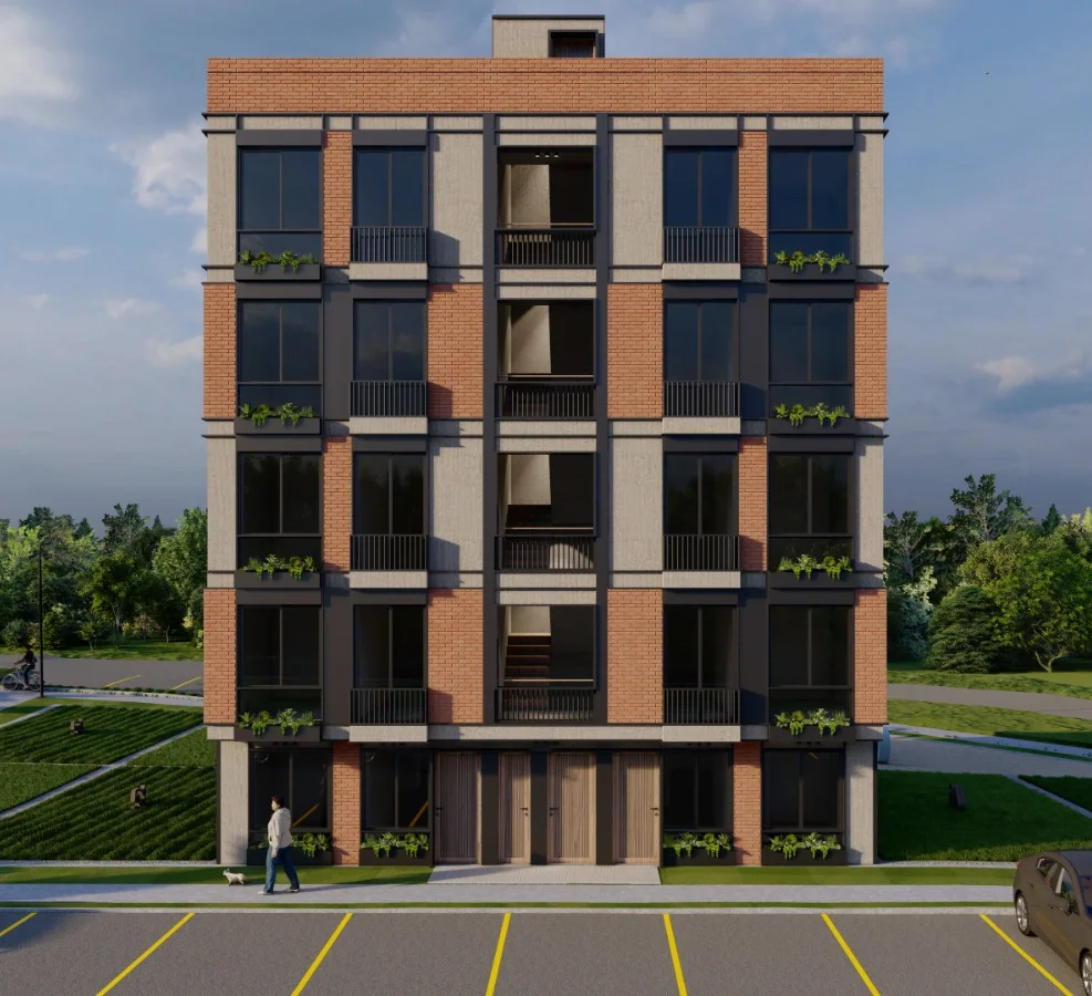 Render de una edificación de cinco pisos construida sobre dos lotes unidos