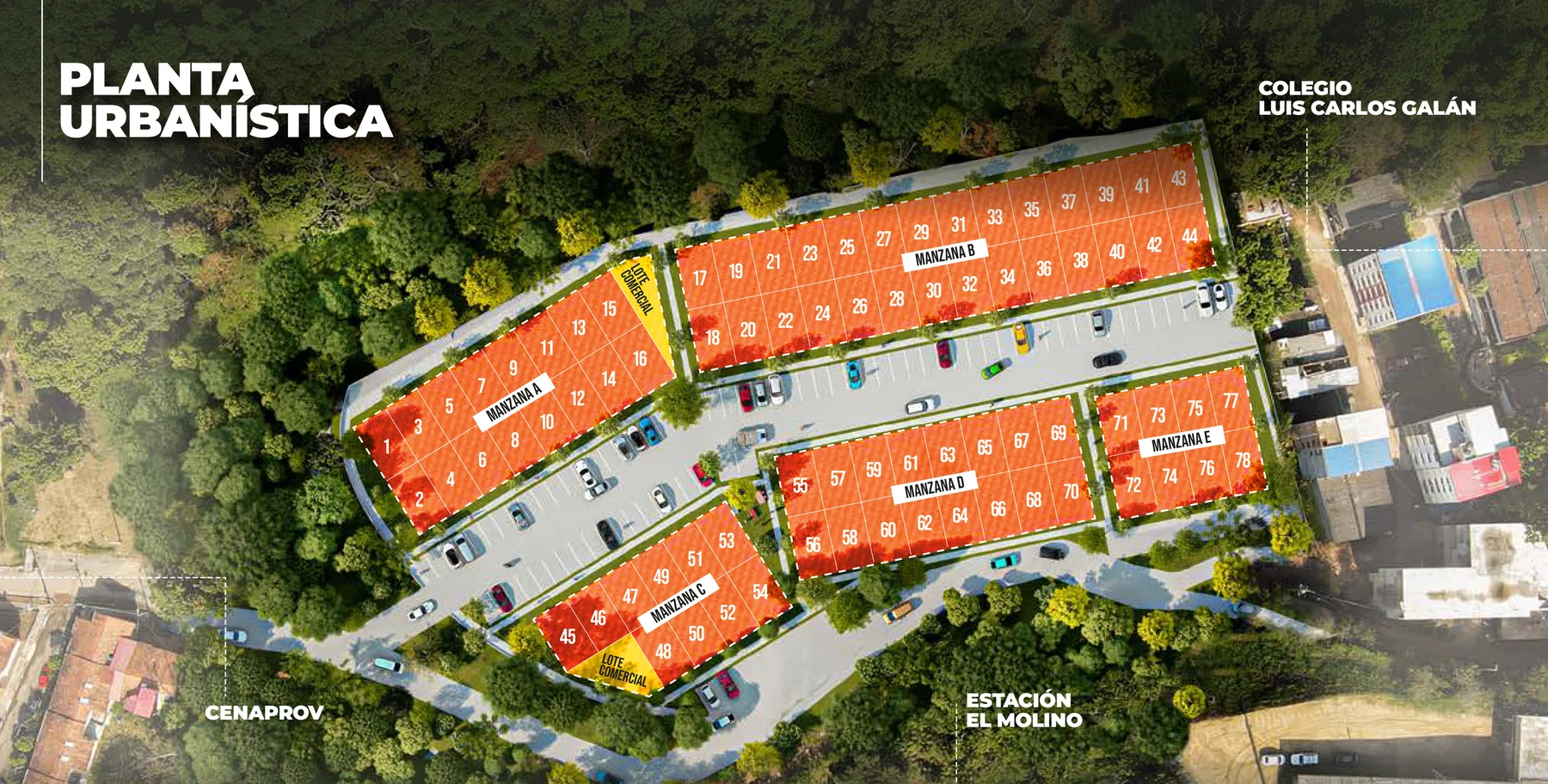 Planta urbanística de Reserva del Río: los lotes numerados por manzana, con el Colegio Luis Carlos Galán, Cenaprov y la Estación El Molino alrededor